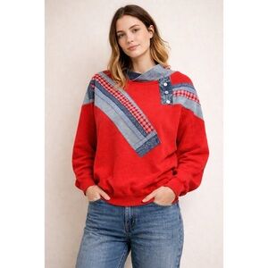 Vintage Patchwork Crewneck Sweatshirt Red Denim Indie Plaid Women’s Small